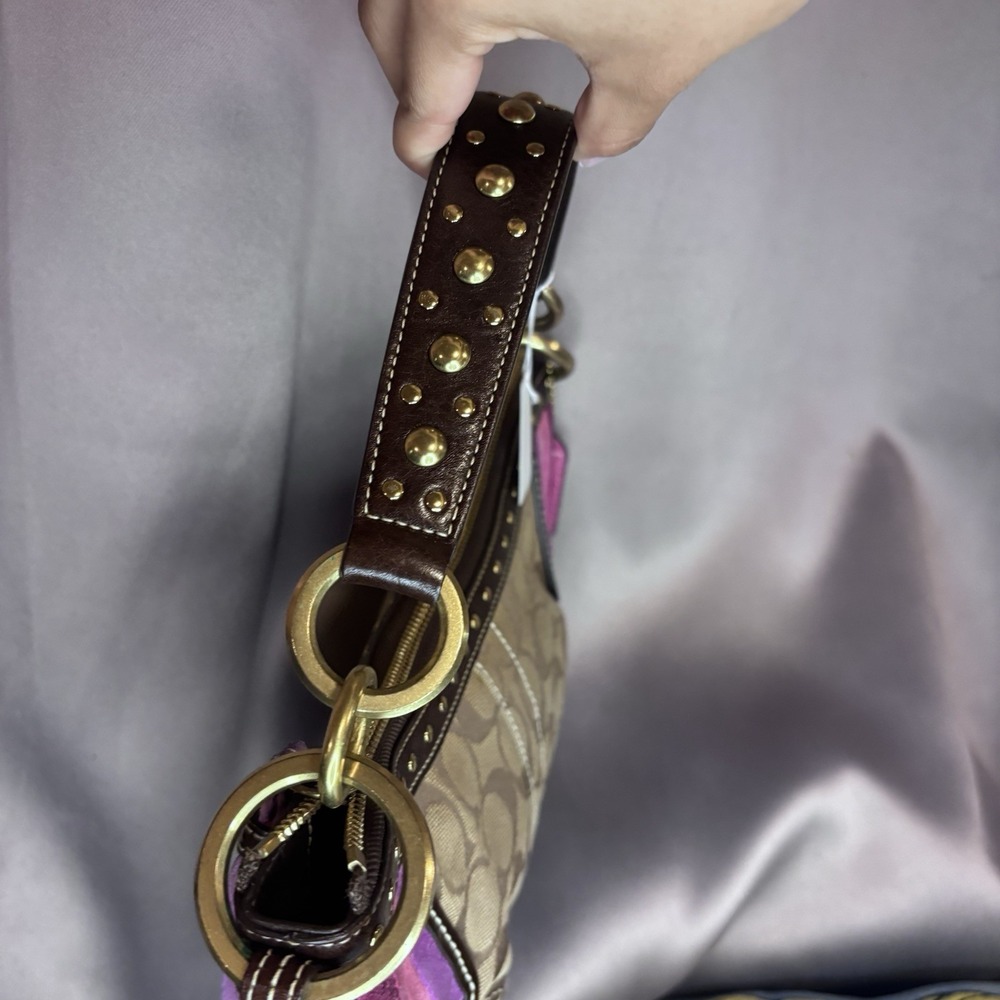 Vintage Coach Signature Jacquard Hobo Shoulder Bag Y2K Studded Brown Purple - Picture 6 of 10